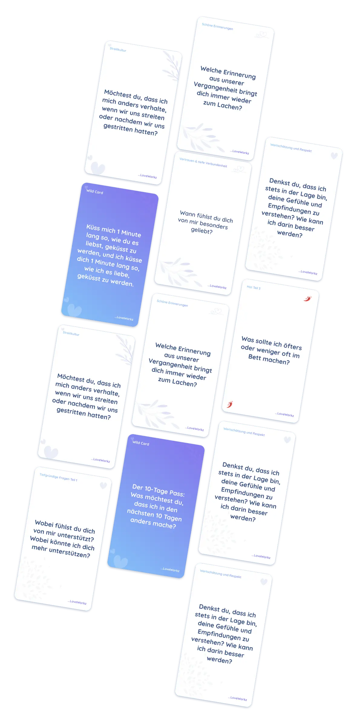 LoveWorkz couples app challenge and intimacy cards on desktop, relationship exercises preview