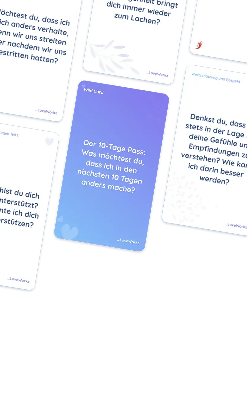 LoveWorkz couples app challenge and intimacy cards on mobile, relationship exercises preview